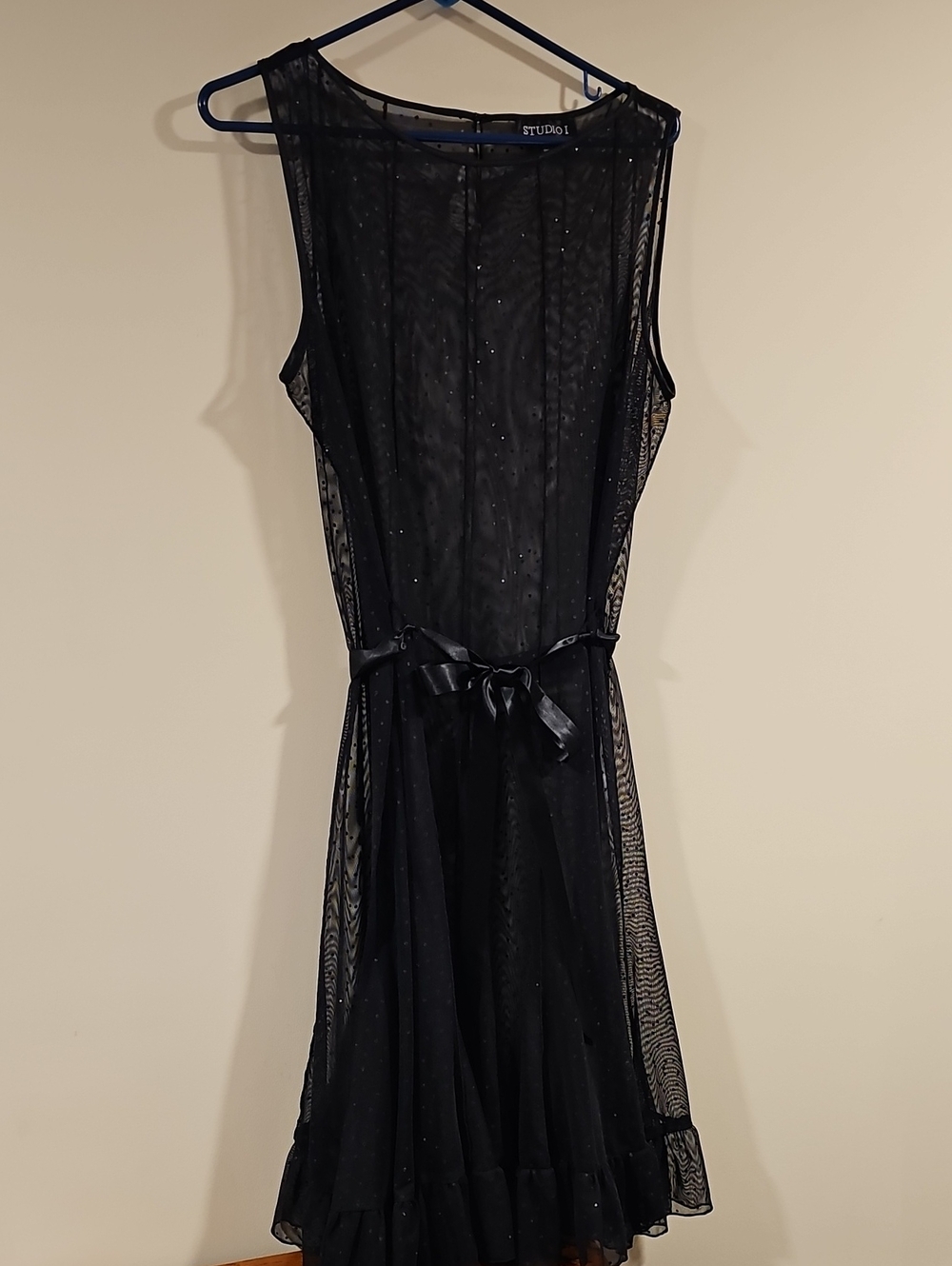 Studio I Black Sheer Midi Dress with Satin Waist Tie and Sparkle